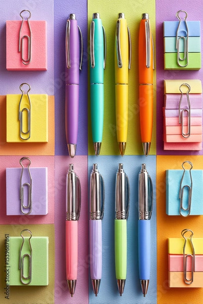 Obraz Flat lay of colorful pens, sticky notes and paper clips on colored background. Concept of school supplies, office organization and creative workspace