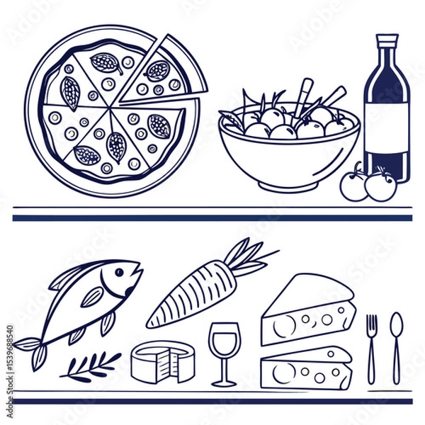 Obraz blue and white simple doodle food icons minimal style