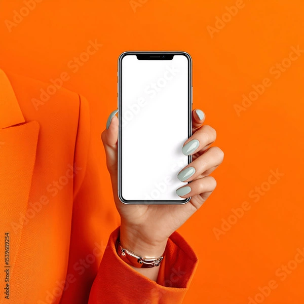 Fototapeta cell phone blank white screen mockup.hand holding texting using mobile on background empty space for advertise. work people contact marketing business, technology	