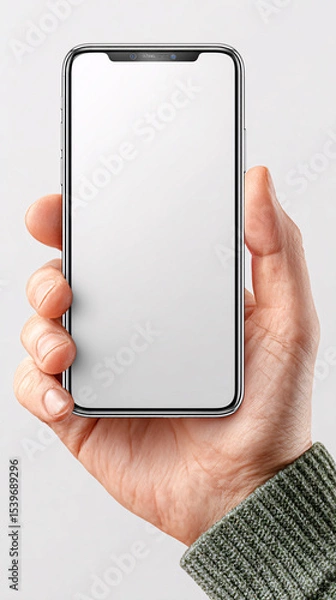 Fototapeta cell phone blank white screen mockup.hand holding texting using mobile on background empty space for advertise. work people contact marketing business, technology	