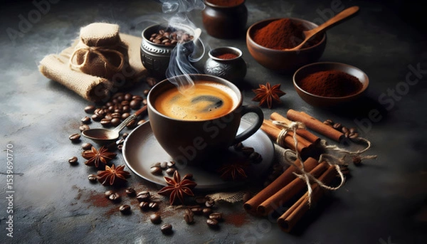 Obraz cup of espresso with coffee beans, cinnamon and anise 