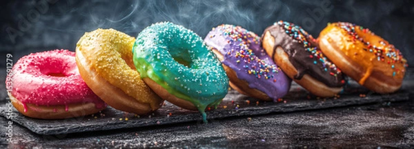 Fototapeta Glazed and decorated donuts, showcasing a variety of flavors and toppings, with vibrant icing colors, perfect for a sweet treat or dessert	