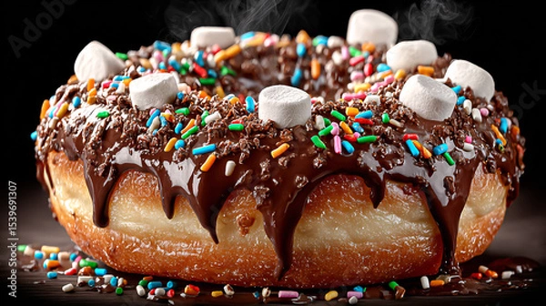 Fototapeta Glazed and decorated donuts, showcasing a variety of flavors and toppings, with vibrant icing colors, perfect for a sweet treat or dessert	