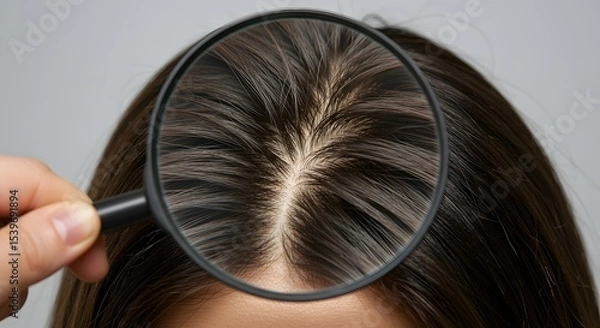 Fototapeta Scalp pores enlarged with a magnifying glass. Hair loss, scalp care concept.