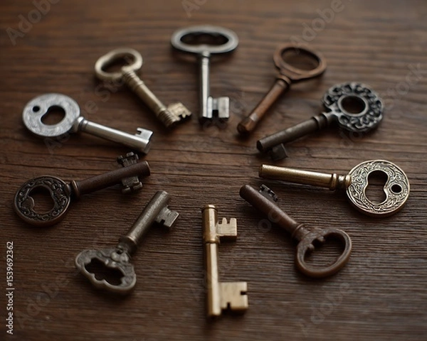 Fototapeta A collection of antique keys arranged in a circular pattern on a dark wooden surface creating a vintage look