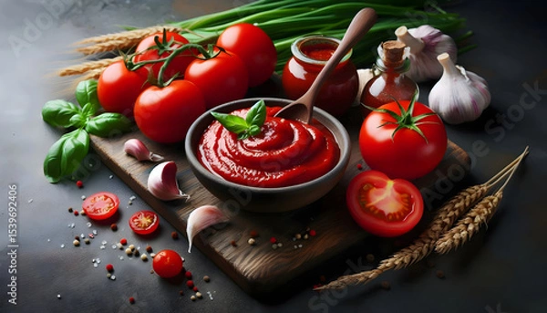 Obraz homemade tomato paste ketchup in a bowl surrounded by tomatoes, horizontal dark