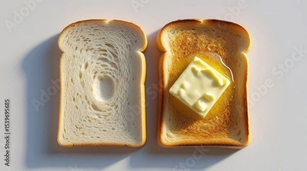 Obraz Two slices of toast: one plain and one with butter, symbolizing a simple breakfast.