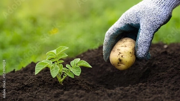 Fototapeta Planting potatoes in garden soil rural setting photography nature environment close-up view sustainable agriculture