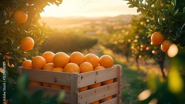 Fototapeta Harvesting oranges at sunset in an orchard nature photography serene environment vibrant colors