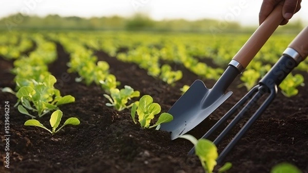 Fototapeta Cultivating green vegetables organic farm agriculture fertile soil close-up view sustainable practices