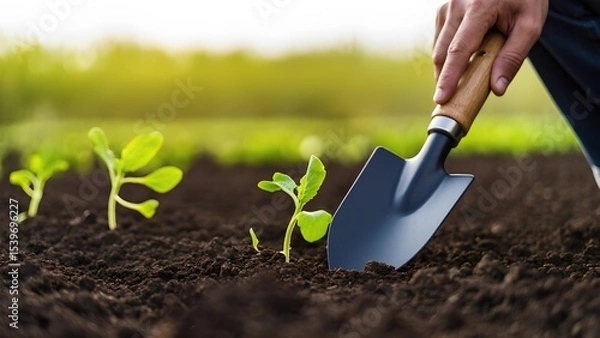 Fototapeta Gardening action planting seedlings in a fertile field outdoor environment close-up perspective growth concept