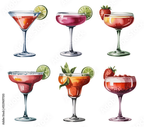 Fototapeta Vibrant Watercolor Cocktails Collection Lime Strawberry Garnish Menu Design, transparent background