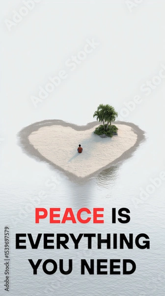 Fototapeta Peace-Heart-Shaped Island with Lone Person Sitting Calmly in Center on White Background – Symbol of Peace and Solitude
