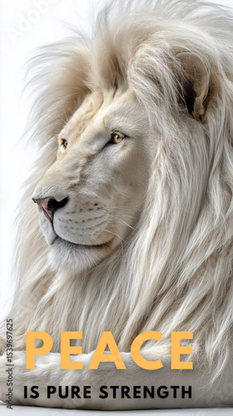 Fototapeta Peaceful Lion Resting Calmly with Glowing White Mane on White Background – Symbol of Serenity and Strength