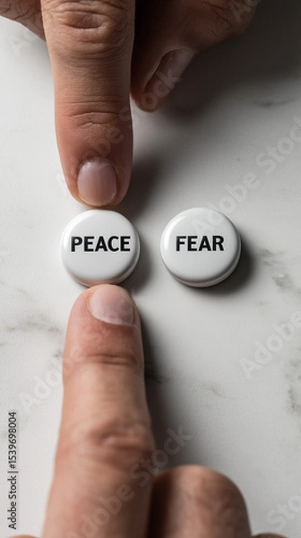 Fototapeta Choosing Peace Over Fear – Minimalist Concept with Finger Pressing Button