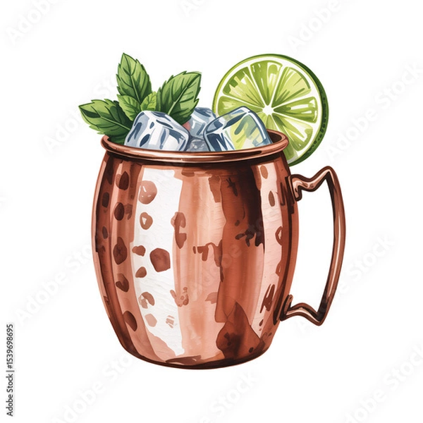 Fototapeta Refreshing Moscow Mule Cocktail in Copper Mug with Lime and Mint Garnish perfect for summer drinks menu design, transparent background