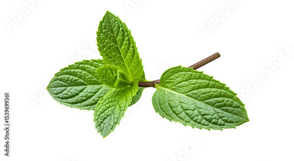 Fototapeta Fresh green mint sprig against a black background perfect for culinary and wellness concepts