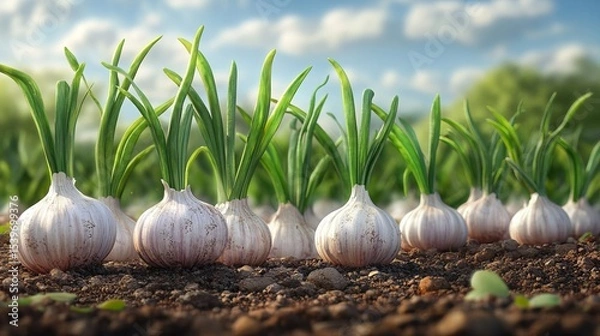 Fototapeta Garlic growing in dark soil with partially exposed bulbs and green shoots growing upwards