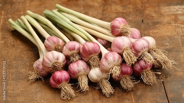 Fototapeta fresh garlic bulbs with their stems and roots still attached, placed on a rustic wooden surface
