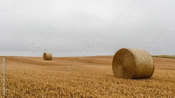 Fototapeta Harvesting bounty golden hay bales on a farm rural landscape atmospheric serenity wide-angle view