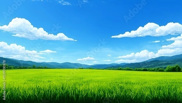 Fototapeta Vibrant green field under clear blue sky nature scene landscape photography rural setting panoramic view serenity