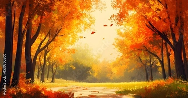 Fototapeta Golden autumn forest path, painted scene with falling leaves and artistic atmosphere.