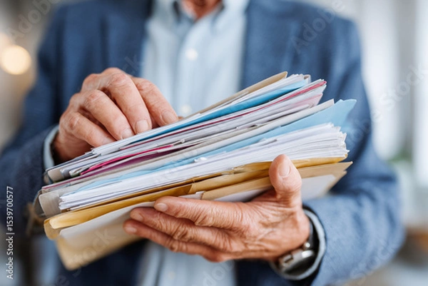 Fototapeta lawyer holding stack of climate litigation files, close-up hands and documents