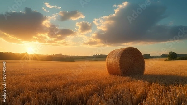 Fototapeta Golden wheat field at sunset rural landscape nature photography tranquil environment wide view harvest concept