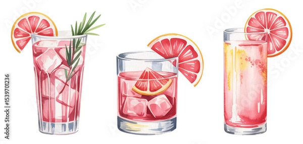 Fototapeta Grapefruit Cocktails Watercolor Illustration Three Refreshing Pink Drinks with Ice and Garnish Perfect for Summer Menus, transparent background