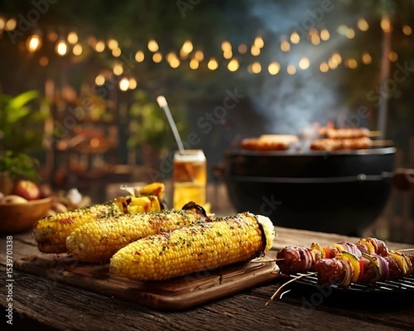 Fototapeta A barbecue scene with grilled corn, skewers, and a beer can on a wooden table at an outdoor setting