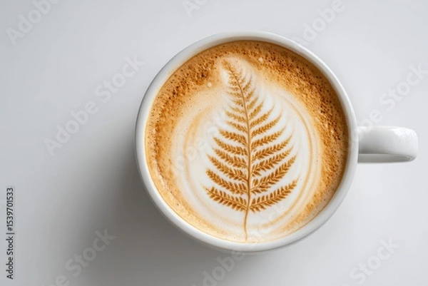 Fototapeta Beautiful Coffee Cup with Artistic Fern Latte Art on Creamy Foam Surface