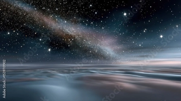 Fototapeta A breathtaking panoramic view of a celestial landscape, featuring a swirling Milky Way galaxy arching over a serene, ethereal cloudscape.