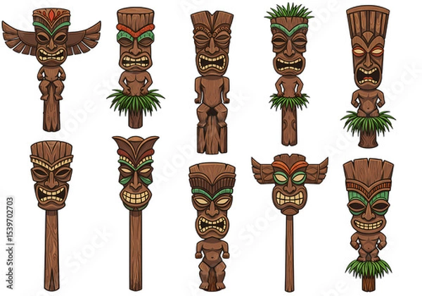 Fototapeta A Collection of Carved Tiki Totems Polynesian Art in Wood isolated on transparent baackground