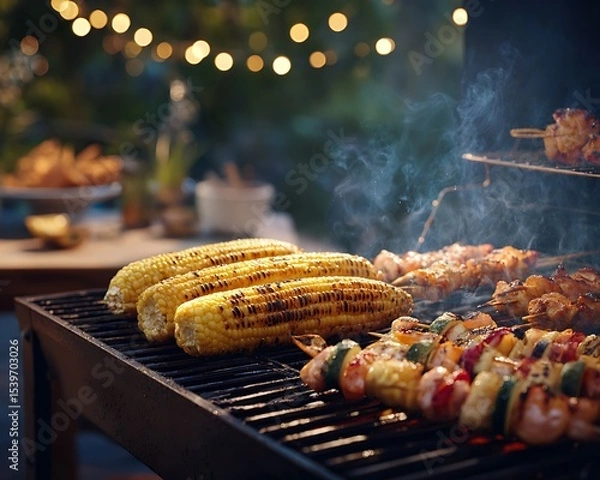 Fototapeta A close up of corn on the cob and skewers cooking on a grill with lights in the background at dusk