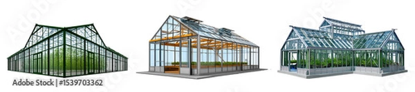 Fototapeta Set of a glass greenhouse structure, isolated on a transparent background.