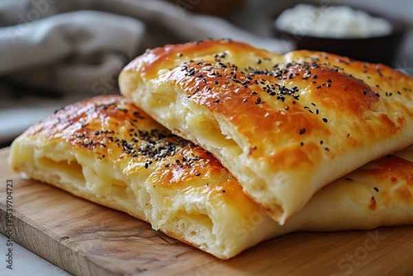 Fototapeta Freshly baked golden brown flatbreads with a cheese crust on a wooden tray. The photo conveys the freshness and appetizing nature of the baked goods. Generated by artificial intelligence