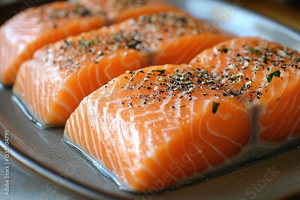 Fototapeta Bright salmon steaks with seasonings and salt on a plate.