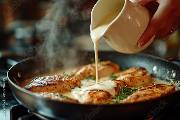 Fototapeta Appetizing chicken in creamy sauce in a frying pan. Women pour cream into a chicken dish.
