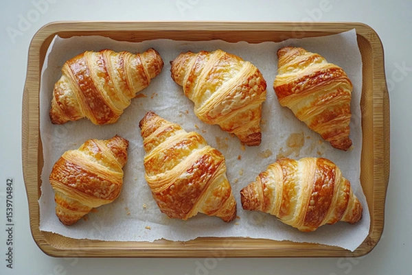 Fototapeta Top view of delicious croissants lying on a wooden tray on parchment paper