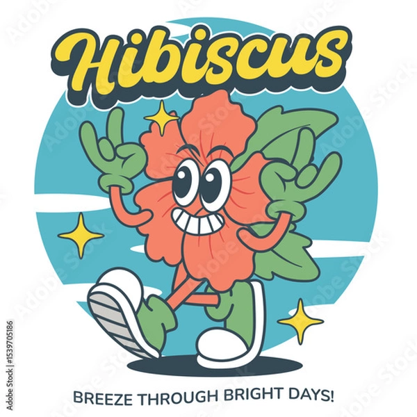 Fototapeta Vector Illustration of Hibiscus Flower Mascot with Retro Cartoon Mascot Available for Logo Badge