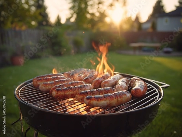 Fototapeta A barbecue grill with sausages cooking over flames in a backyard during a sunny evening setting