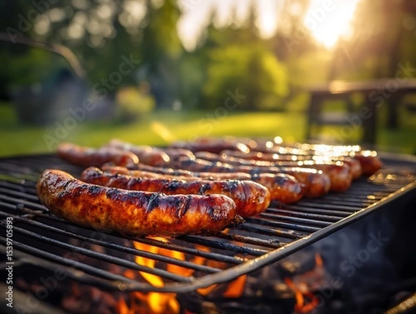 Fototapeta Close up of sausages grilling on a barbecue with flames and a blurred background in the summer sun