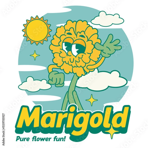 Fototapeta Vector Illustration of Marigold Flower Mascot with Retro Cartoon Mascot Available for Logo Badge