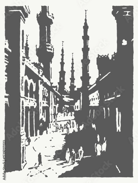 Fototapeta A beautifully silhouetted street scene that features striking minarets and captivating architecture