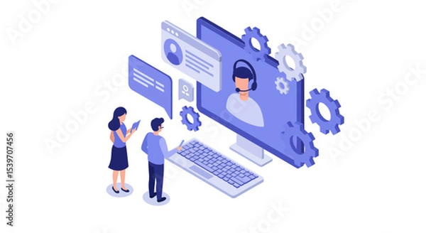 Fototapeta Virtual customer support concept with isometric design - online communication and assistance vector illustration