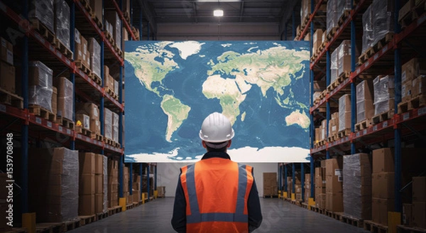 Obraz Global supply chain logistics enhanced by blockchain technology in modern warehouse setting