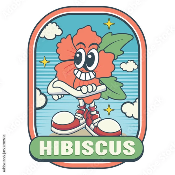 Fototapeta Vector Illustration of Hibiscus Flower Mascot with Retro Cartoon Mascot Available for Logo Badge