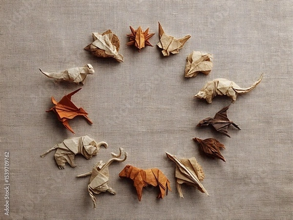 Fototapeta A circle of various origami animals and dinosaurs arranged on a textured beige background surface