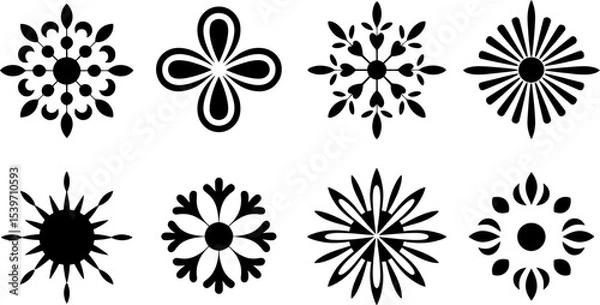 Fototapeta Eight black and white floral designs arranged in a grid on a plain white background in a vector image