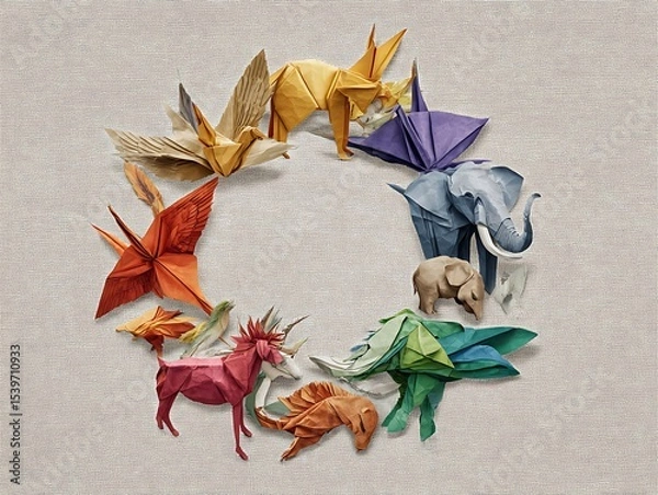 Fototapeta Colorful origami animals arranged in a circle on a textured background creating a playful composition